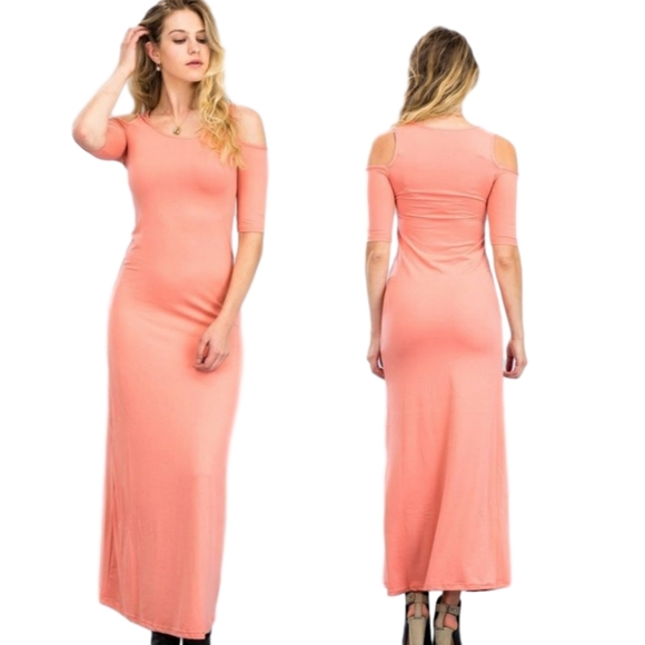Color PEACH maxi dress open shoulders - Picture 1 of 2